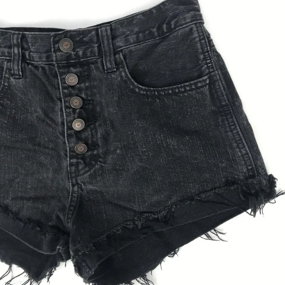 Hollister High Waisted Jean Short Shorts Black Denim Button Up Size 1 Waist 25 - Picture 3 of 5